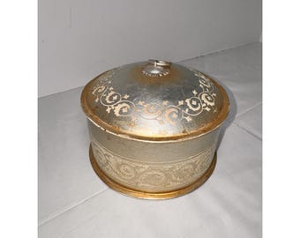 Vintage Gold & Silver Tin Round Storage Box With Lid Decorative Floral Scroll Design