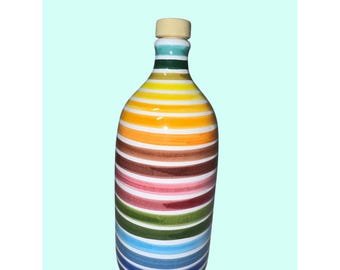 Handmade Ceramic Oil Bottle Frantoio Muraglia 7 Inch Multicolor Stripes Italy