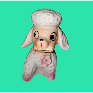 Vintage White Ceramic Poodle Figurine With Pink Accents & Flower Collar