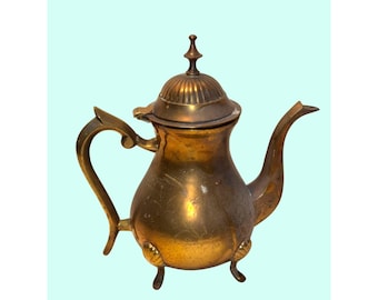 Antique Copper Brass Teapot With Hinged Lid And Ornate Handle Spout
