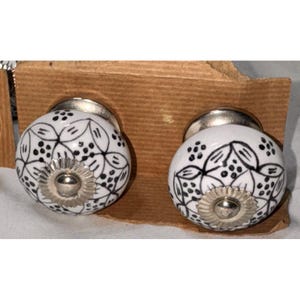 5 Ceramic pottery Metal Drawer Knobs Pulls With Black Floral Pattern Design