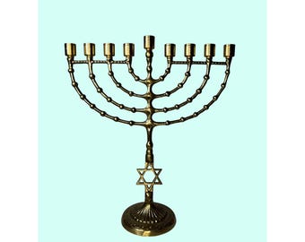 Vintage 13" Brass Menorah Candle Holder 9 Branch Star Of David