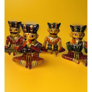 Vintage India Musical Wood Carved Musician Figures Drums Flute Colorful