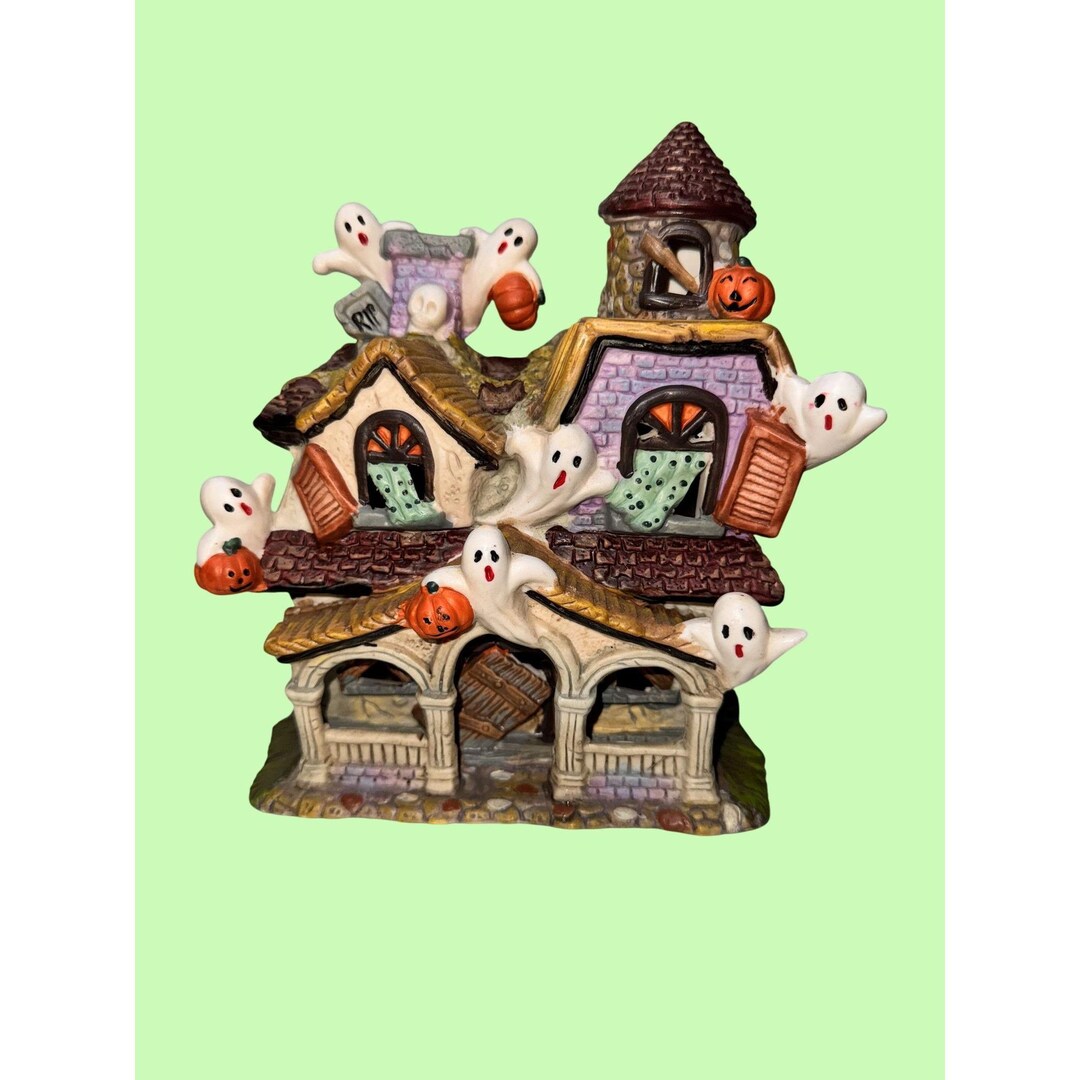 Haunted House Halloween Lighted Decoration W/ Ghosts & Pumpkins Ceramic ...