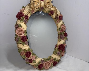 Vintage Oval Vanity Mirror Wall Mirror Floral Roses And Bow Hand Painted