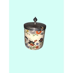 Tarro de mermelada para galletas Sandland England, tapa de metal con forma de barril, estampado floral, cerámica vintage.