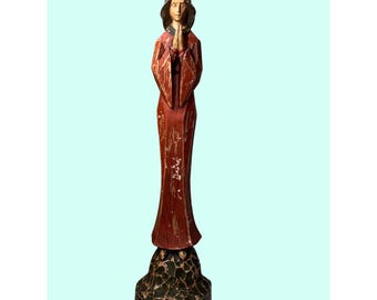 Hand Carved santos Vintage Wooden Praying Madonna Figure Red Finish 15" Tall