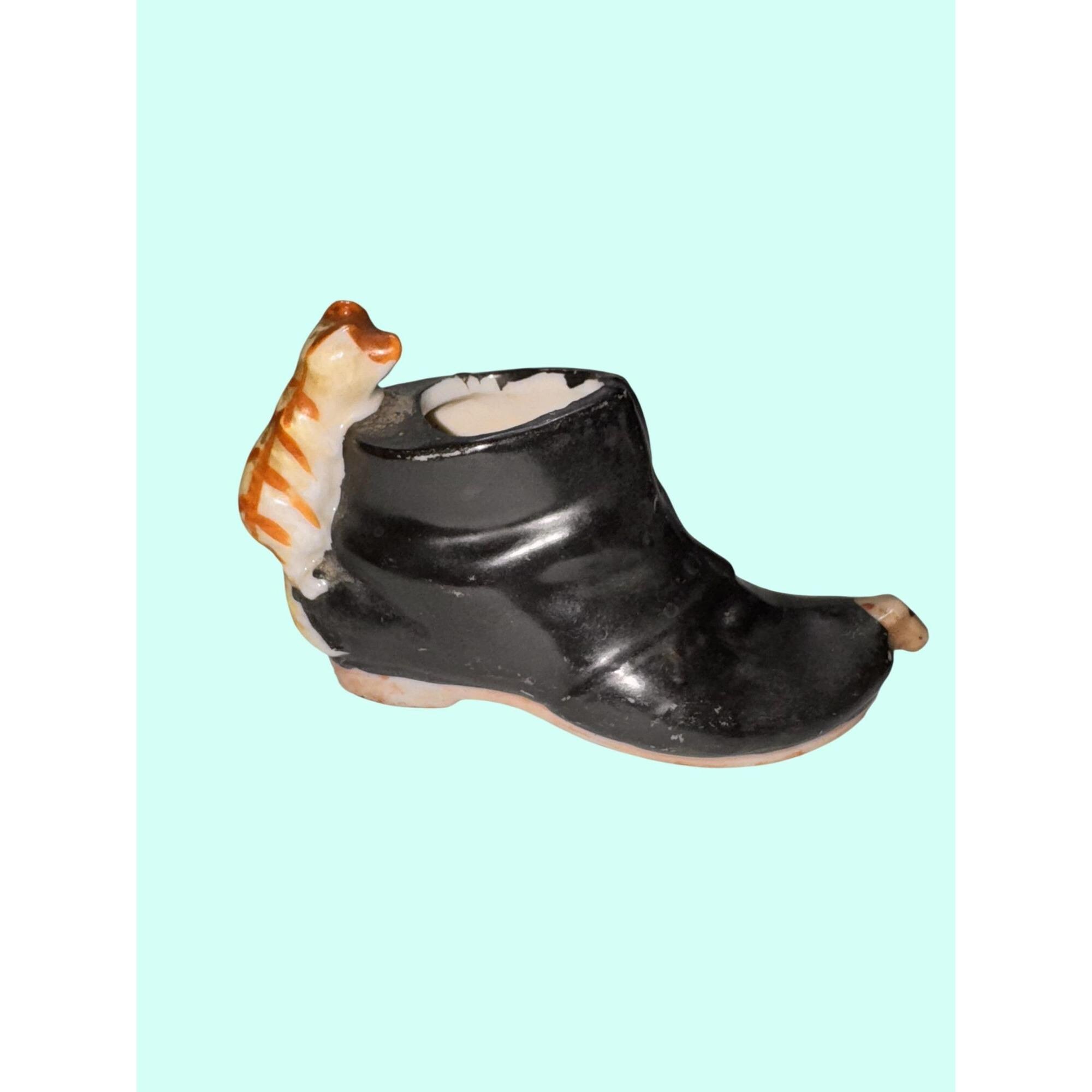 Vintage Ceramic Black Boot Figurine With Cat & Face Accents