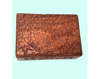vintage hand carved hinged velvet lined Handcrafted Wooden Tree Life Jewelry Box