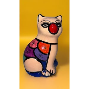 Art folklorique mexicain vintage Fat Cat Figurine Talavera Style Poterie peinte à la main 15,24 cm (6 po.)