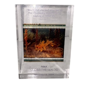 May include: A clear acrylic block featuring an underwater scene with a seahorse-like creature. The block has text that reads "IMAX UNDER THE SEA 3D" and a quote about the beauty of IMAX 3D. The date "February 13, 2009" is also visible.