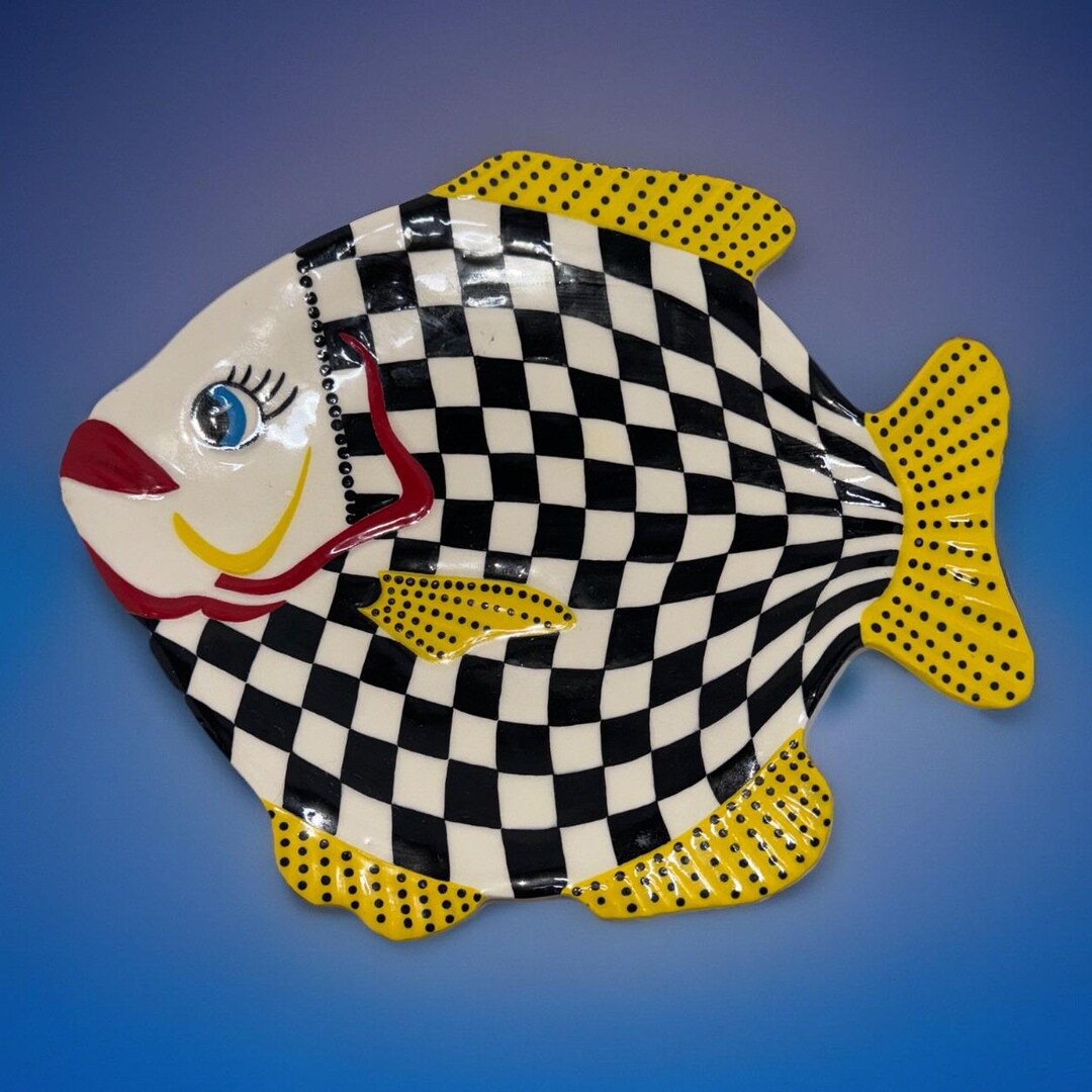 Stuffed Fish Checkers 12”x11” Whimsical Fish Serving Platter Checkers Signed MC 12 - Etsy