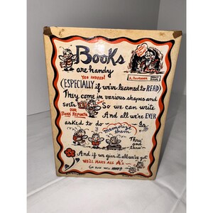 Sujetalibros decorativo vintage de Mary Dorman, años 50, con diseño de abejas y ratones de biblioteca sobre tablero grueso.