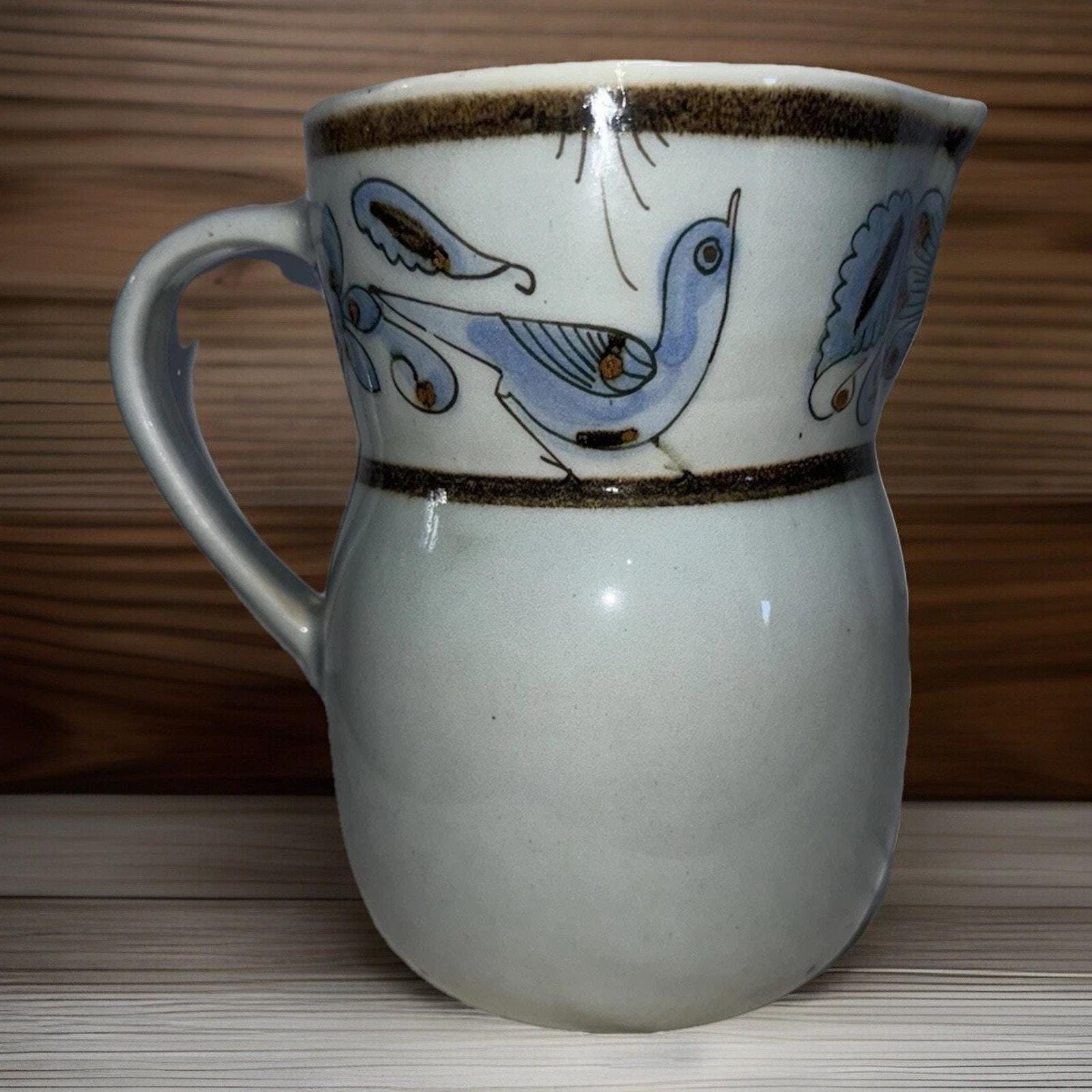 Vintage 7.5” El Palomar Tonala Mexican Pottery Pitcher Blue Birds