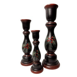 Hand-Painted Holly Berry Wooden Candle Holder rustic farmhouse christmas vintage folk