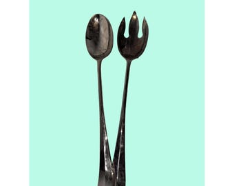 Vintage Silver-Plated Salad Serving Fork & Spoon Set With Simple Handle Design