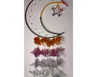 Rainbow Crescent Moon Dreamcatcher Wall Hanging Feather Decor boho