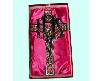 Goldton filigrane IHS Wand Kruzifix Jesus Kreuz Box Dekoration