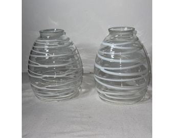 2 Hand blown Clear Glass Striped White Swirl lamp shade