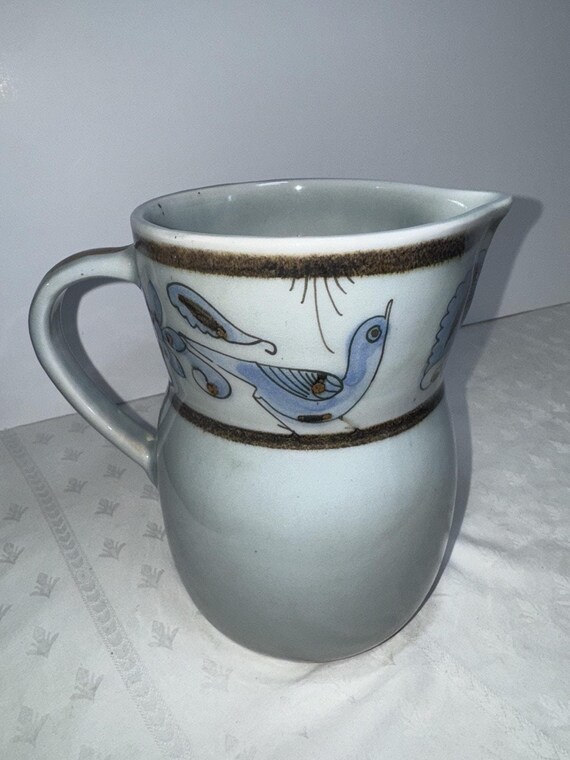 Vintage 7.5” El Palomar Tonala Mexican Pottery Pitcher Blue Birds