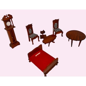 Vintage Miniature Wooden Dollhouse Furniture Set