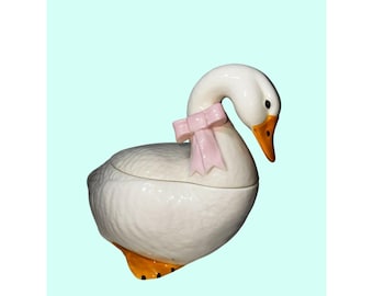 1980's Swan Shaped Ceramic Cookie Jar Pink Ribbon White & Orange USA