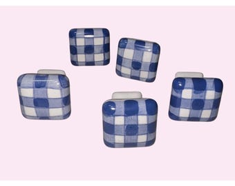 Blue & White Checkered Ceramic Drawer Knobs Set Of 5 Square Shape
