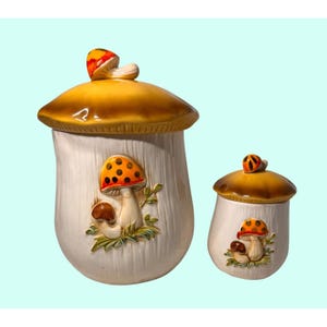 Sears Merry Mushroom Design Ceramic Kitchen Canisters Decorative Large & Small