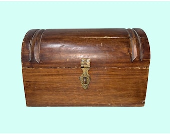 Vintage Wooden Treasure Chest Box Hinged Lid Brass Hardware 10"x6"x6"