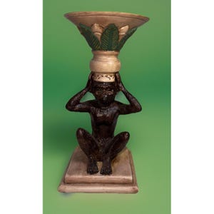 British Colonial Monkey Pedestal Candle holder Palm Leaves 10”