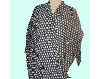 Chaqueta kimono Haori japonesa vintage negra con estampado geométrico blanco