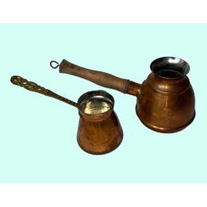 Copper Turkish Coffee Pots Set Antique Wood Handle Decor
