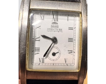 Structure Square Quartz Watch With Leather Band & Roman Numerals