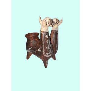 Peruansk keramikkärl med två huvuden, lama, vintage lerkruka, vas