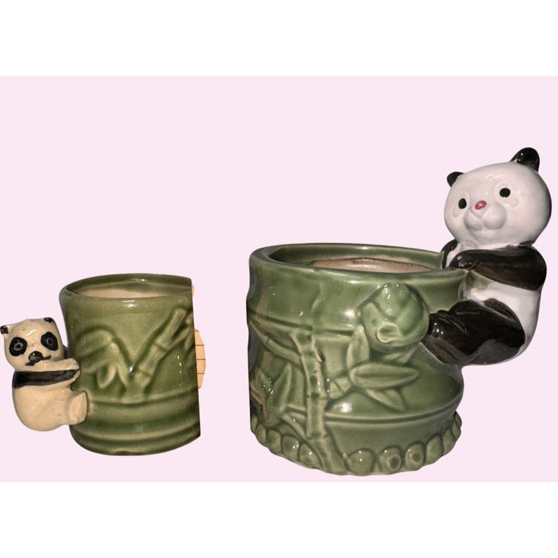 Vintage Green Ceramic Panda Planters Set of 2 With Bamboo Design ...