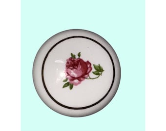 Set Of 4 Vintage Ceramic Drawer Knobs With Pink Rose Floral Design & Gold Trim