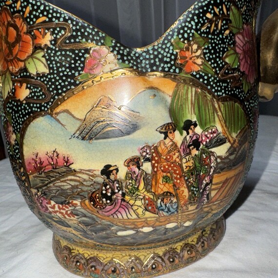 陶器製ハンドル付き花瓶 金色模様 アンティーク 水差し アンティーク