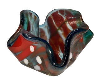 Handcrafted Multicolor Fused Glass Bowl With Abstract Design & Wavy Edges 3"x3"x2"