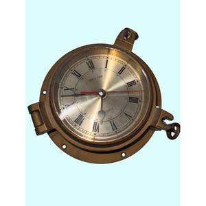 Vintage Brass Ships Time Quartz Wall Clock With Roman Numerals & Hinged Case