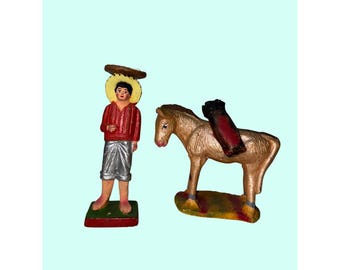 Hand-Painted Clay Figurines Farmer & Donkey Traditional Mexican Folk Art 5" Tall