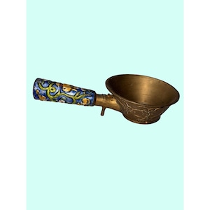 Vintage chinese Brass Scoop With Hand-Painted Floral Enamel Handle & Embossed Flower Detailing