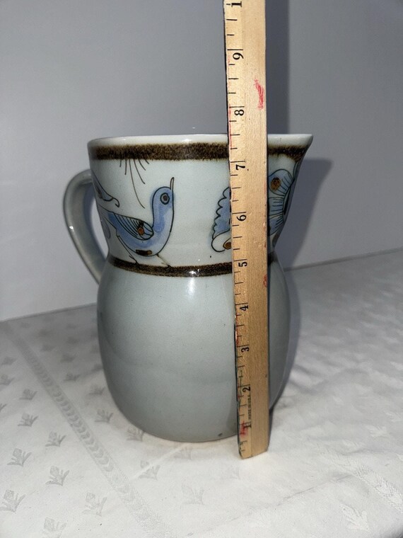 Vintage 7.5” El Palomar Tonala Mexican Pottery Pitcher Blue Birds