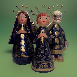 3 Tona style 7” Large Clay Nativity Figures creche Mexico Blue gold Christmas