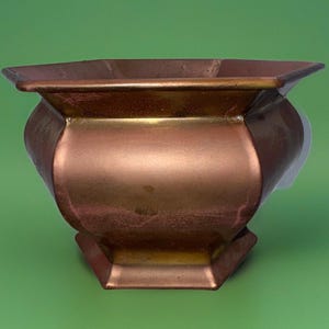 May include: A copper-colored octagonal planter with a slightly flared lip and a rounded base. The planter has a distressed finish, giving it a vintage look.