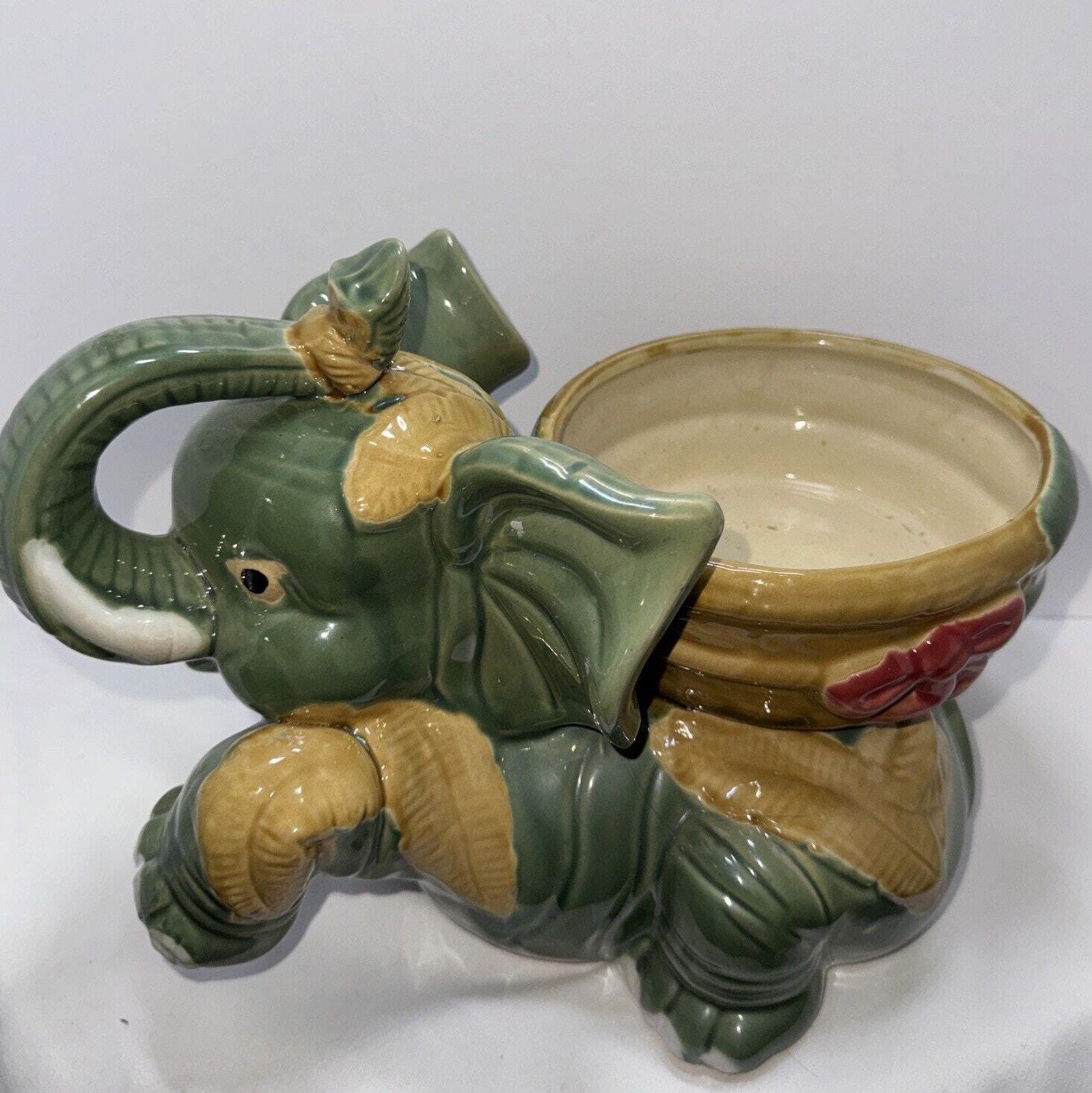 Vintage Majolica Glazed Pottery Lucky Elephant Holding Basket Planter ...