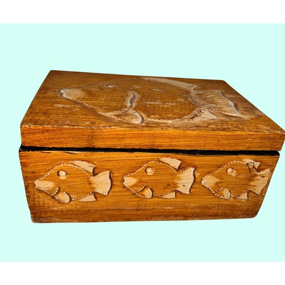 bulgarian wood carving box fish On Base The Artist Strategically Carved This Piece To Show Movement. Handcrafted Wood Trinket Box Carved