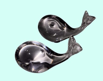 2 fermacarte Lindstrom Sweden a forma di balena in vetro, 15,2 cm e 10,2 cm