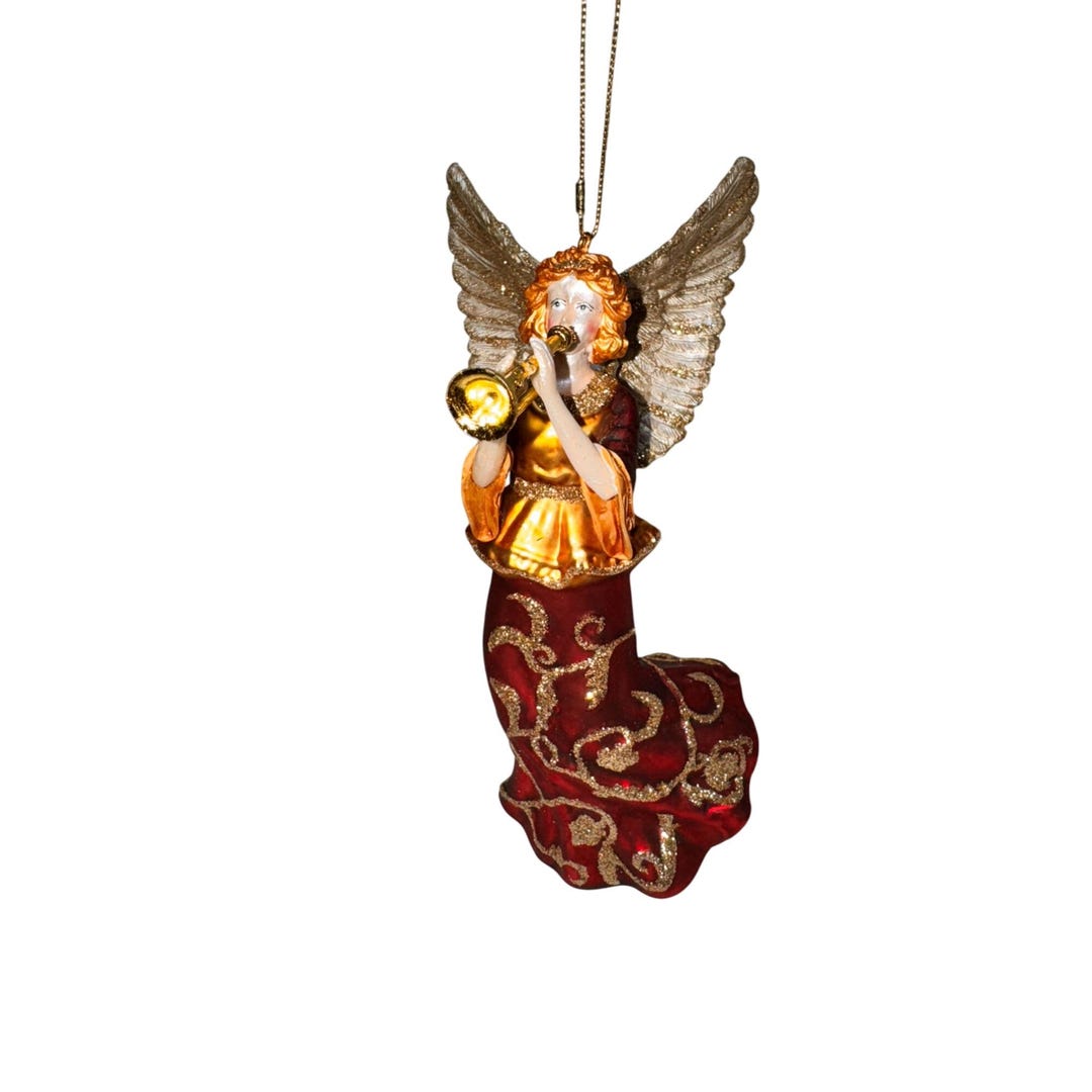 Blown Glass Angel Trumpet Christmas Tree Ornament Gold Glitter Wings ...
