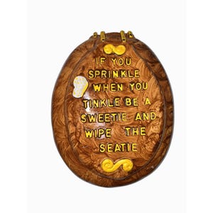 Vintage Ceramic Bathroom Wall Plaque With Humorous Quote Text & Yellow Accents chalkware