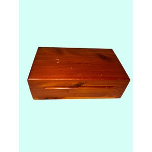 Può includere: Una scatola di legno rettangolare con una ricca finitura marrone-rossastra. La scatola ha un design semplice e classico con una superficie liscia e lucida. La venatura del legno è visibile, aggiungendo all'estetica naturale. La scatola è probabilmente utilizzata per la conservazione.